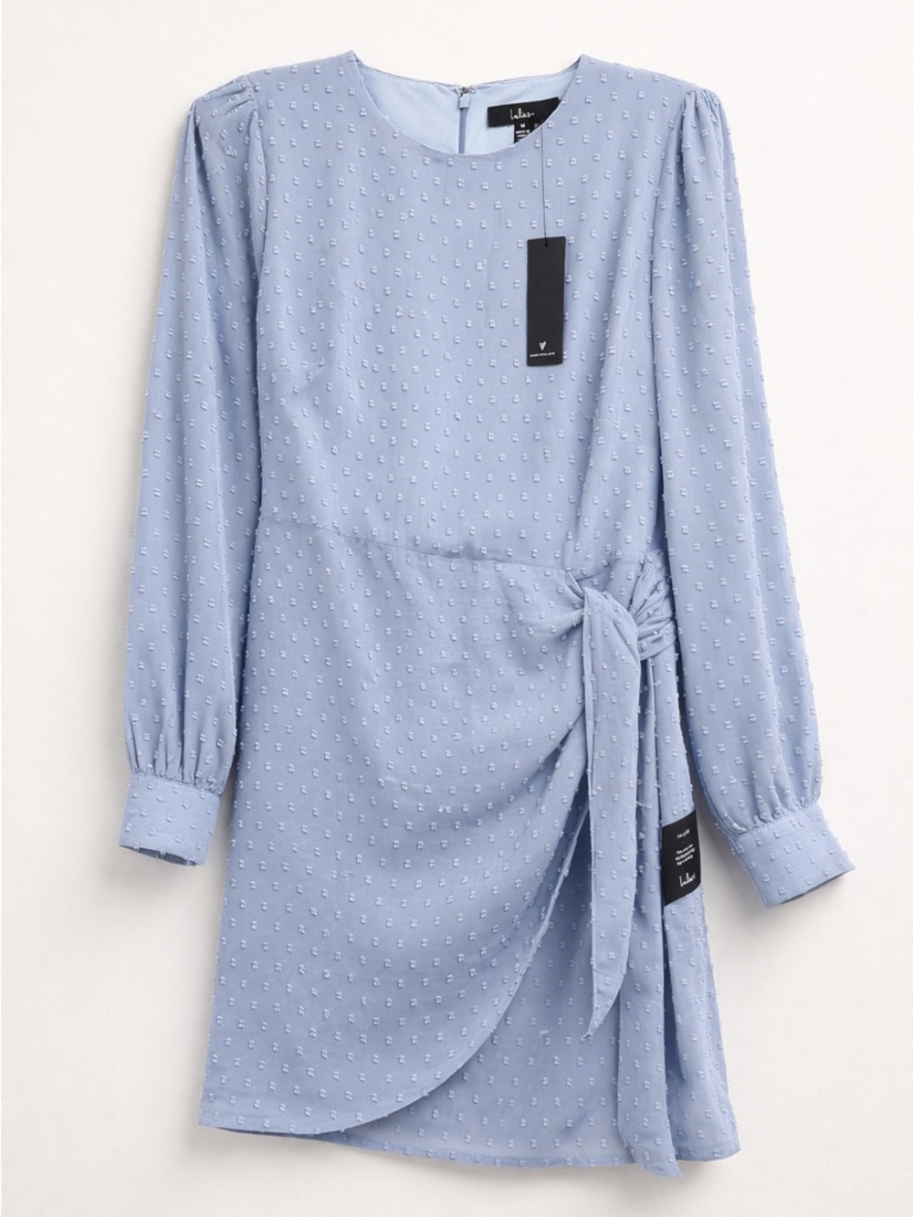NWT Lulus Much Love Blue Swiss Dot Mini Dress M Sheer Sleeve Tie Front Wrap